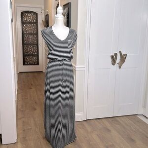 Gap Womens Maxi Striped Dress Sleeveless V Neck Drawstring Waist XS Black Gray